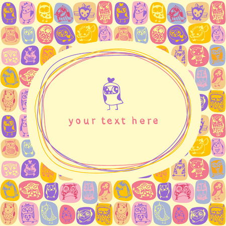 Doodle frame and owls seamless colourful background. Hand drawn vector illustration.のイラスト素材