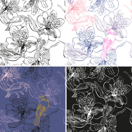Set of 4 seamless backgrounds with birds and flowers. Vector illustration. Seamless pattern can be used for wallpaper, pattern fills, web page background, surface texturesのイラスト素材