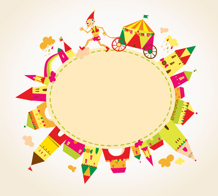 Childrens background with multicolored cartoon houses for cute card. Circle frame. Place for text.のイラスト素材