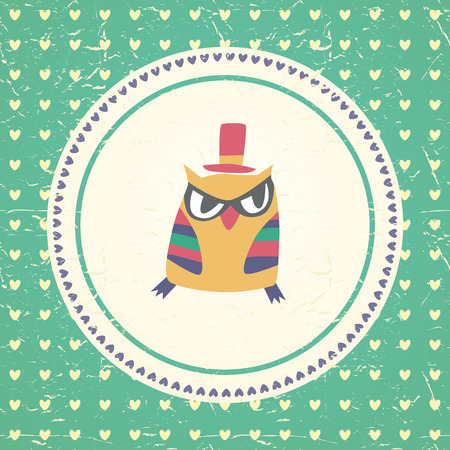 Vintage owls greeting card and hearts seamless background. Hand drawn vector illustration. Template for design cartoon greeting card, Valentines day backgroundのイラスト素材
