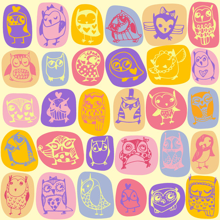 Owl seamless pattern on light background. Hand drawn vector illustration.のイラスト素材