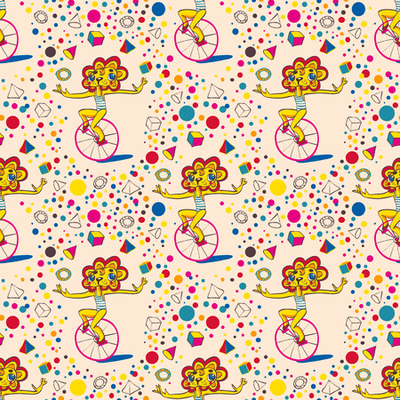 Jjuggling lion by bicycle. Seamless background. Hand drawing. Vector illustration.のイラスト素材