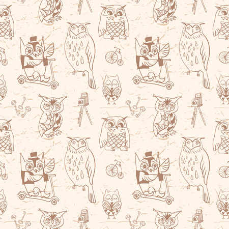 Vintage seamless pattern with Owls  Light background  Hand drawn vector illustration のイラスト素材