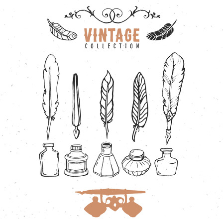 Vintage retro old nib pen feather ink collection.のイラスト素材