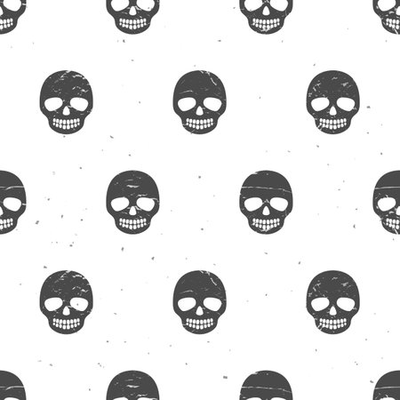 Vintage ink skulls. Seamless pattern on white background. Hand drawn vector illustration.のイラスト素材