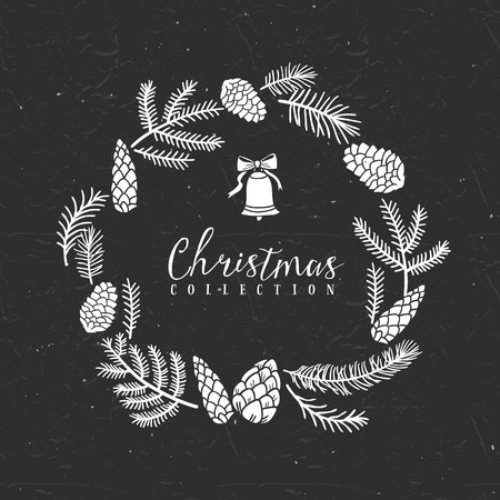 Chalk decorative greeting wreath with bell. Christmas collection. Hand drawn illustration. Design elements.のイラスト素材