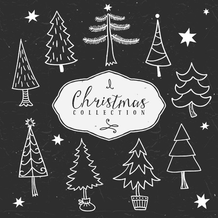 Chalk outline winter tree. Christmas collection. Hand drawn illustration. Design elements.のイラスト素材