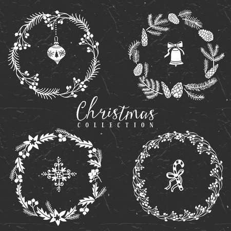 Chalk decorative greeting wreaths. Christmas collection. Hand drawn illustration. Design elements. Vol.2のイラスト素材