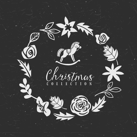 Chalk decorative greeting wreath with hobbyhorse. Christmas collection. Hand drawn illustration. Design elements.のイラスト素材