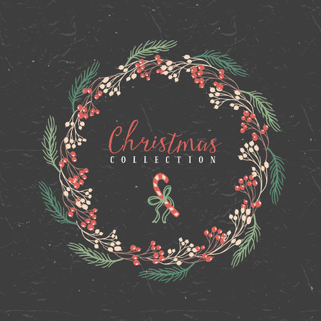 Chalk decorative greeting wreath with candy. Christmas collection. Hand drawn illustration. Design elements.のイラスト素材