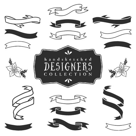 Ink decorative ribbon banners. Designers collection. Hand drawn illustration. Design elements.のイラスト素材