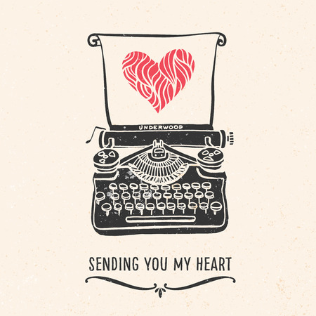 Valentines day greeting card with lettering, typewriter, heart and other decorative elements. Vector hand drawn illustration.のイラスト素材