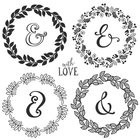 Hand drawn rustic vintage wreaths with lettering and ampersand. Floral vector graphic. Nature design elements.のイラスト素材