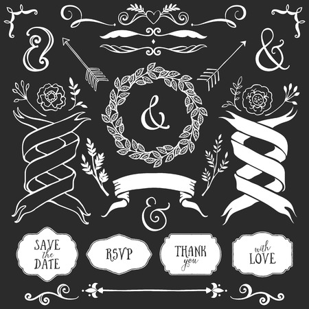 Vintage decorative elements with lettering. Hand drawn vector design wedding set.のイラスト素材