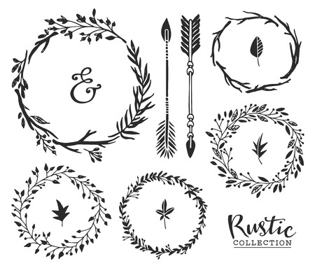 Hand drawn vintage ampersand, arrows and wreaths. Rustic decorative vector design set.のイラスト素材