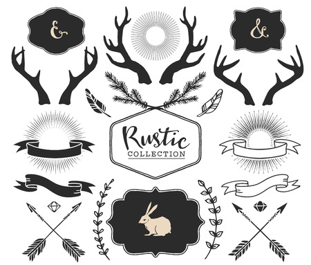 Hand drawn antlers, bursts, arrows, ribbons and frames with lettering. Rustic decorative vector design set. Vintage ink illustration.のイラスト素材