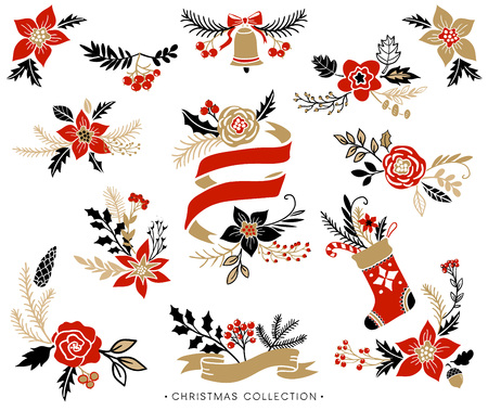 Christmas bouquets, wreaths and floral arrangements. Hand drawn design elements.のイラスト素材