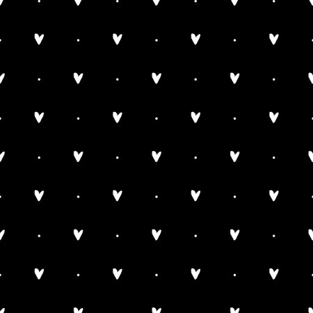 Heart grunge seamless pattern on black background. Hand drawn vector illustration.