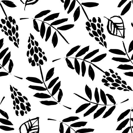 Botanical seamless pattern with flowers, branches, and leaves. Hand drawn design elements. Vector illustration.のイラスト素材
