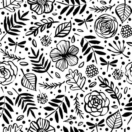 Botanical seamless pattern with flowers, branches, leaves, and dragonfly. Hand drawn design elements. Vector illustration.のイラスト素材