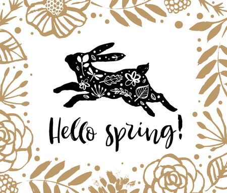 Hello spring. Running silhouette of a rabbit in the flower frame pattern. Calligraphy card. Hand drawn design elements. Handwritten modern brush lettering. Vector illustration.のイラスト素材