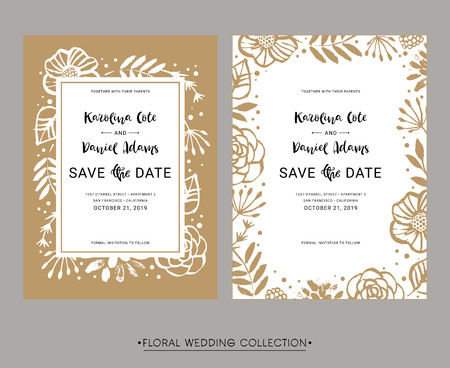 Save the Date. Wedding invitation calligraphy floral cards with catchwords. Modern lettering. Hand drawn design elements. Vector illustration.のイラスト素材