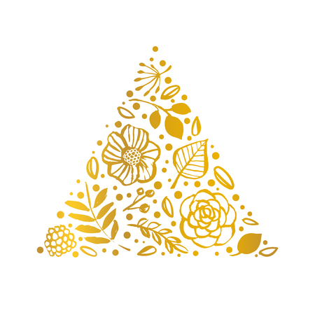 Flower triangle shape pattern. Gold Floral card. Hand drawn illustration. Nature vector design.のイラスト素材