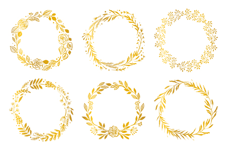 Gold flower wreaths on white background.のイラスト素材