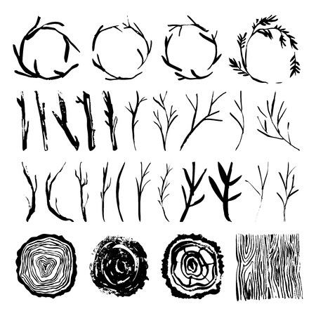 Rustic wood tree branches and wreaths. Wooden background and stub. Hand drawn design elements. Nature vector illustration.のイラスト素材