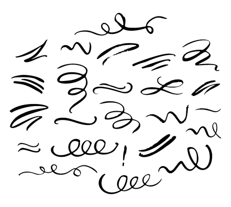 Hand drawn decorative curls, swirls, flourishes and text calligraphy dividers collection. Vintage design elements. Vector ink brush illustration.のイラスト素材