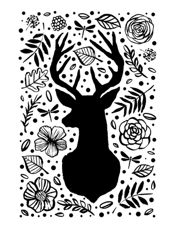 Silhouette of deer in the flower pattern. Hand drawn design elements.のイラスト素材