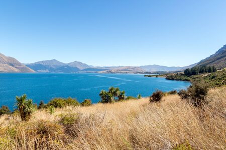 Beautiful landscape of blue lake wakatipu near queenstown in new zealandの写真素材