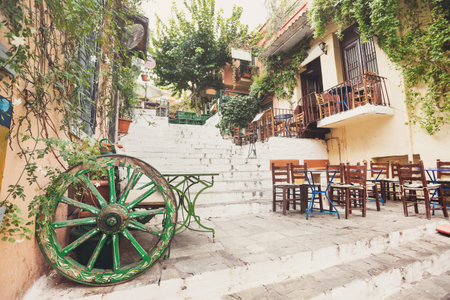 Charming street in the old district of Plaka in Athens, Greeceの写真素材