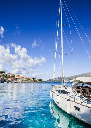 Sailing boat in a beautiful bay, Dalmatia, Croatiaの写真素材