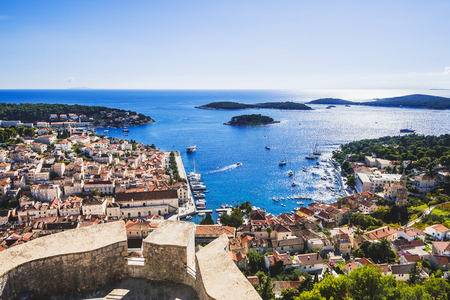 Aerial view of the Hvar town, Hvar island, Dalmatia, Croatiaの写真素材
