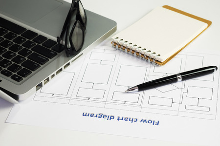 Laptop, notebook  and ball pen on workflow or flow chart diagramの写真素材