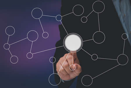 Man touching circle button on a digital interface. Concept about technology and choices, Connection cloud computing information technology concept, data processing and storage platform connected to internet network.の写真素材