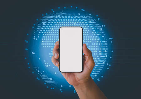 Hand holding smart phone and white screen background with double exposure of futuristic network interface and planet hologram. Concept of internet and communication. 
businessman hand using modern smart phone with virtual icon diagram.の写真素材