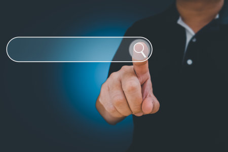 Man point on searching for data Information networking Concept, Business man clicking internet...