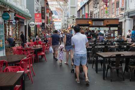SINGAPORE - April 8, 2019: Singapore Chinatown, Many people or tourists are walking food street chiness market or street style authentic food.のeditorial素材