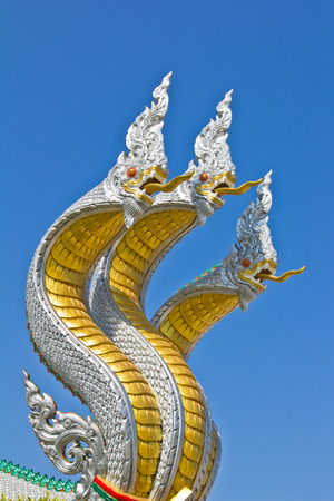Thai dragon, king of Naga statue with three heads in Thailandの写真素材