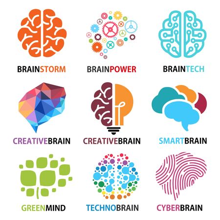 Set of brain icons, Brainstorming, creativity, ideas, inspiration, intelligence, technology, thoughts, innovation, Green mind and smart brain, Vector illustrations.のイラスト素材