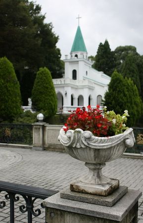 Street Stone Vase next to the Churchの写真素材