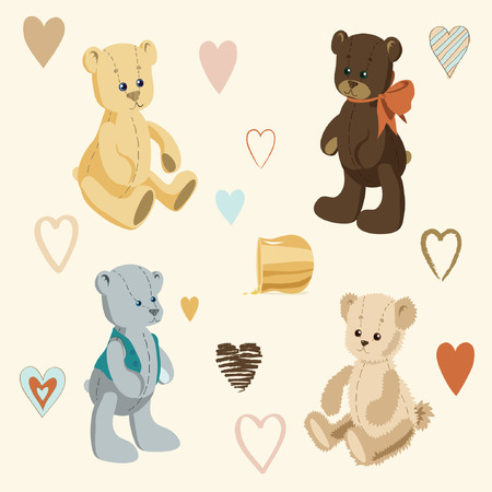 Illustration of Cute Teddy Bears and Little Colored Heartsのイラスト素材
