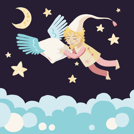 Sleeping Girl with Flying Pillowのイラスト素材