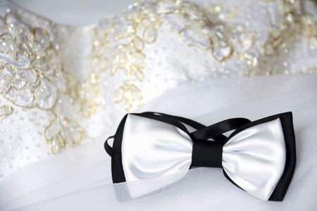 Bow tie is on the bride's dress.の写真素材