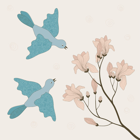 Two blue birds and blooming branchのイラスト素材
