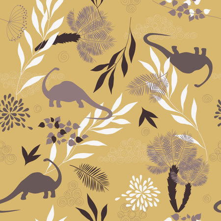 seamless pattern with leaves and dinosaursのイラスト素材