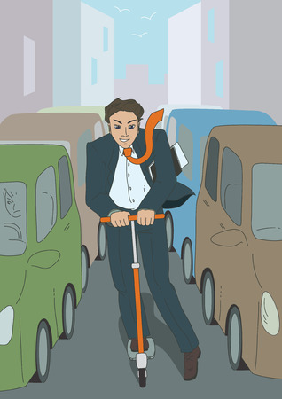Businessman driving little scooter in a hurryのイラスト素材