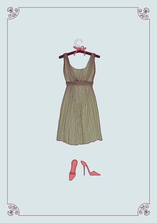 Dress on clothes hanger and shoesのイラスト素材